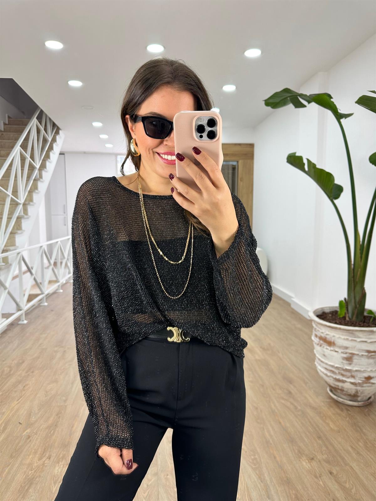 Likralı Ajurlu Triko-Siyah