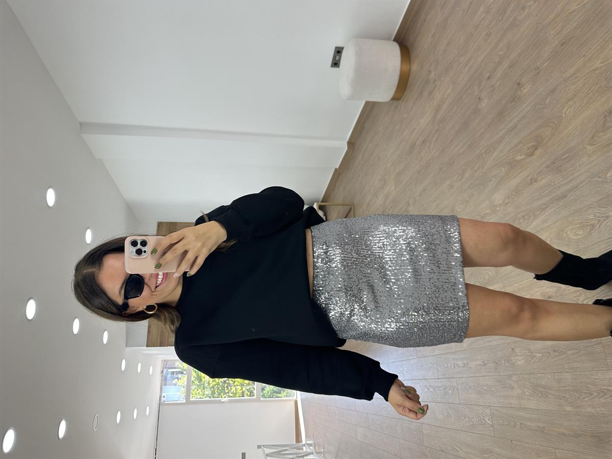 Likralı Payet Etek-Gümüş