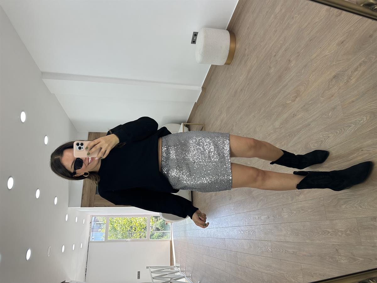 Likralı Payet Etek-Gümüş