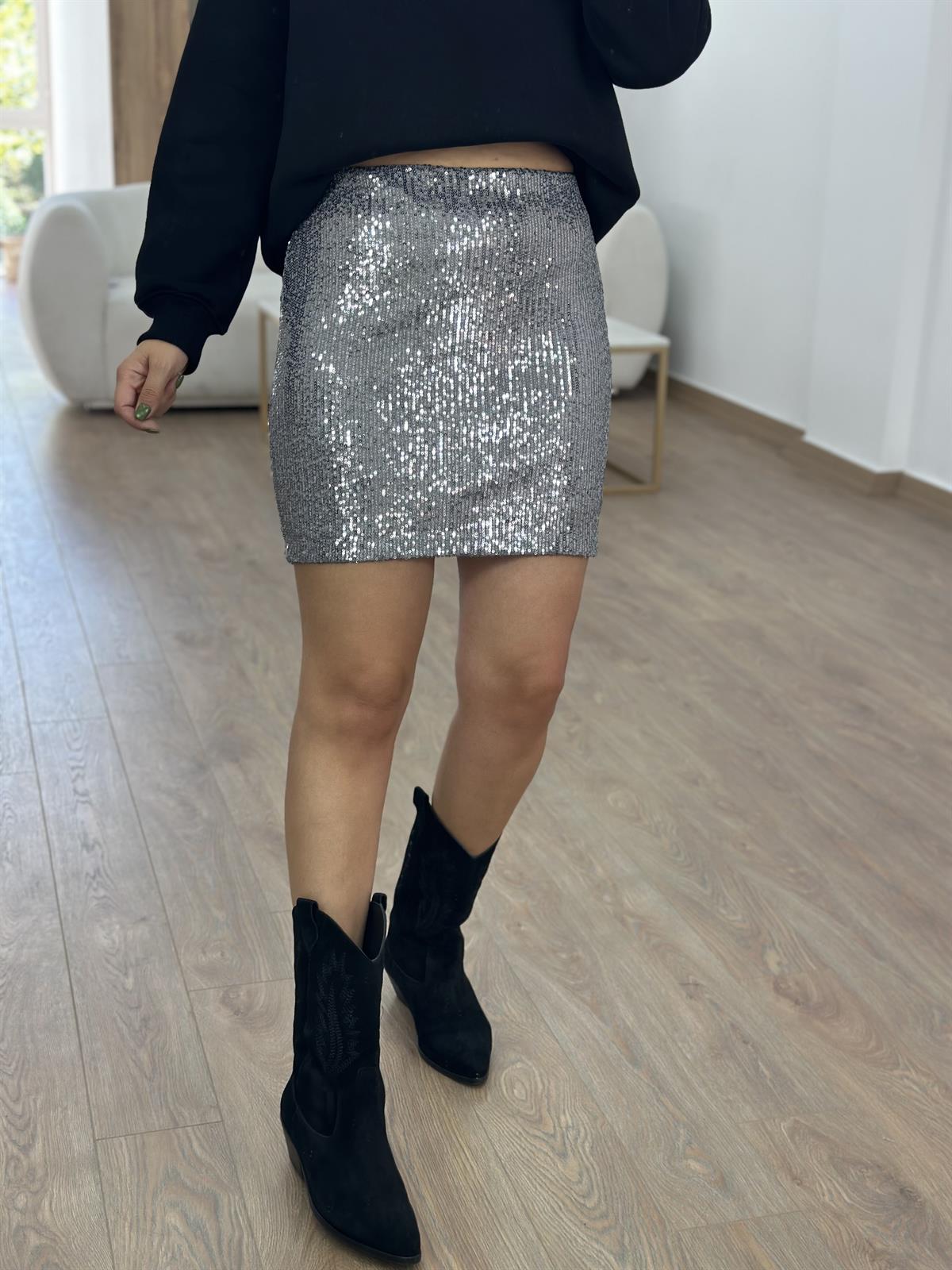 Likralı Payet Etek-Gümüş