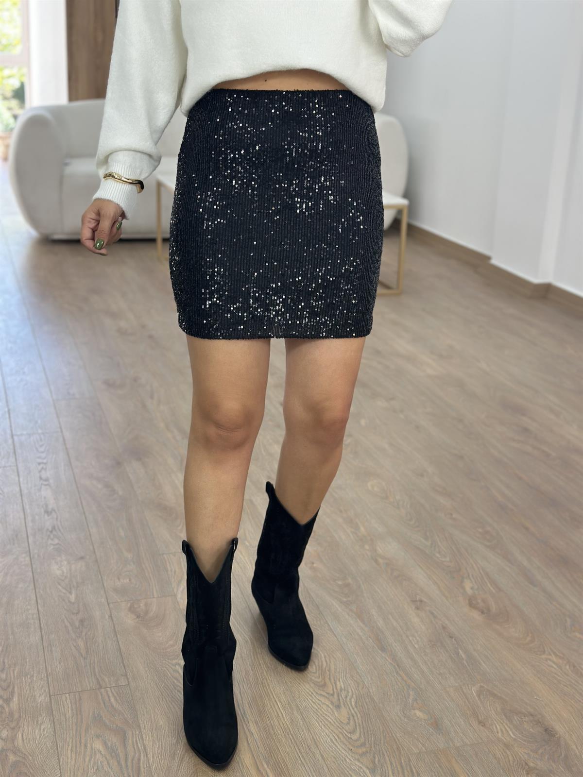 Likralı Payet Etek- Siyah