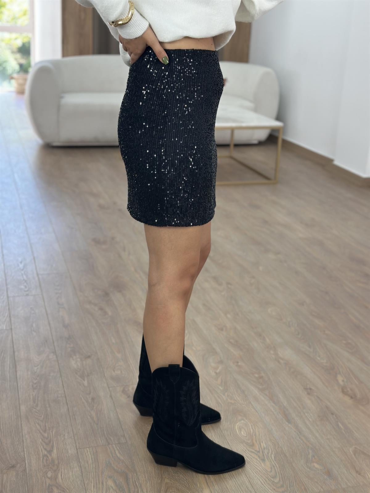Likralı Payet Etek- Siyah