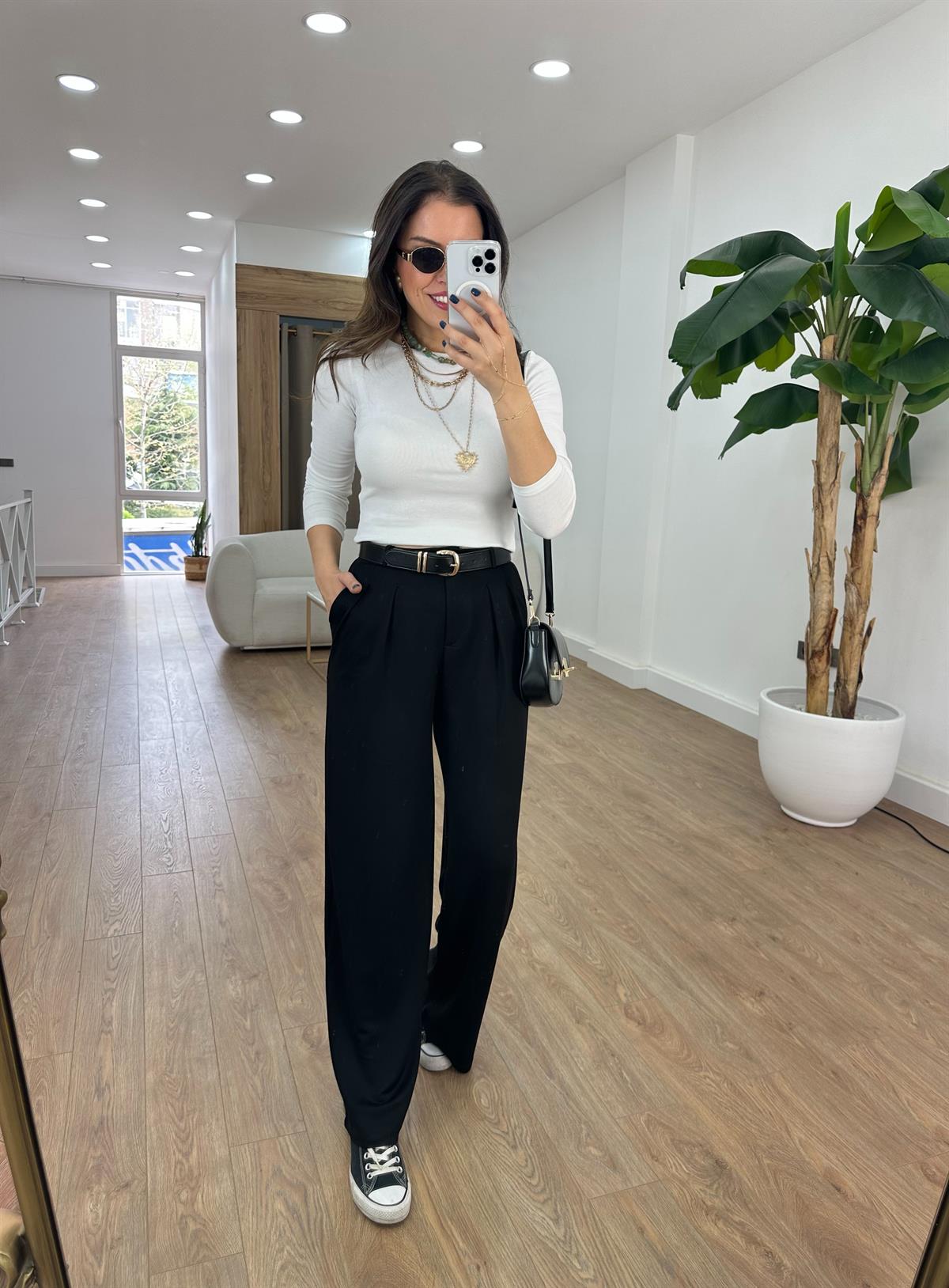 Likralı Süprem Kumaş Palazzo Pantolon - Siyah 