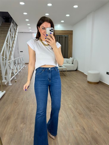 Likralı Yüksek Bel İspanyol Jean-Lacivert