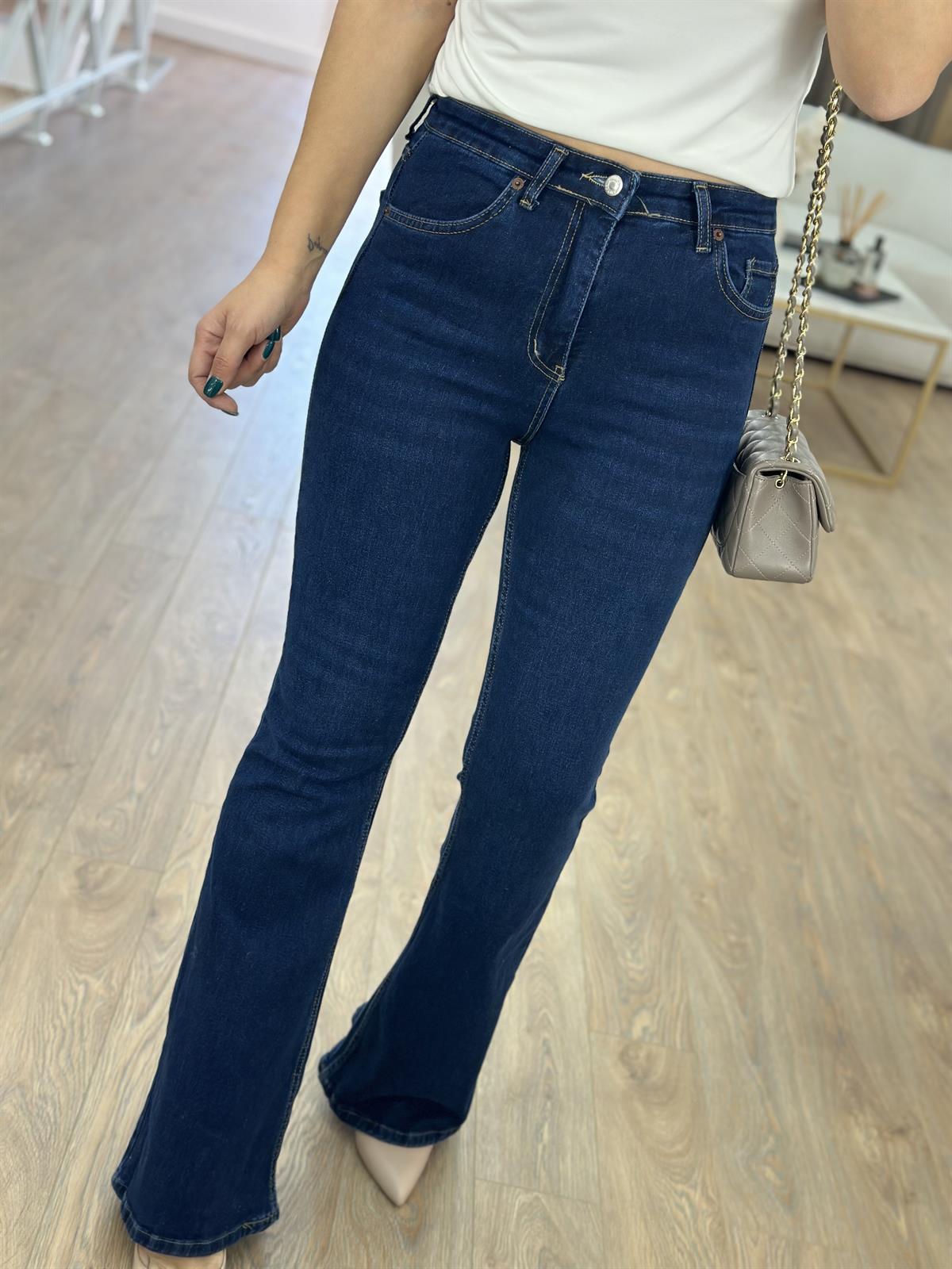 Likralı Yüksek Bel İspanyol Paça Jean-Lacivert