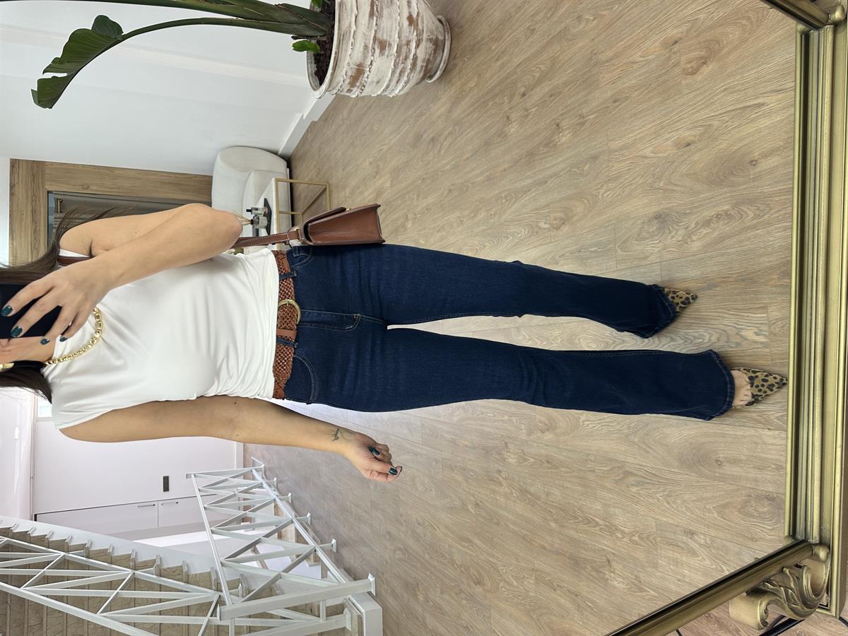 Likralı Yüksek Bel İspanyol Paça Jean-Lacivert