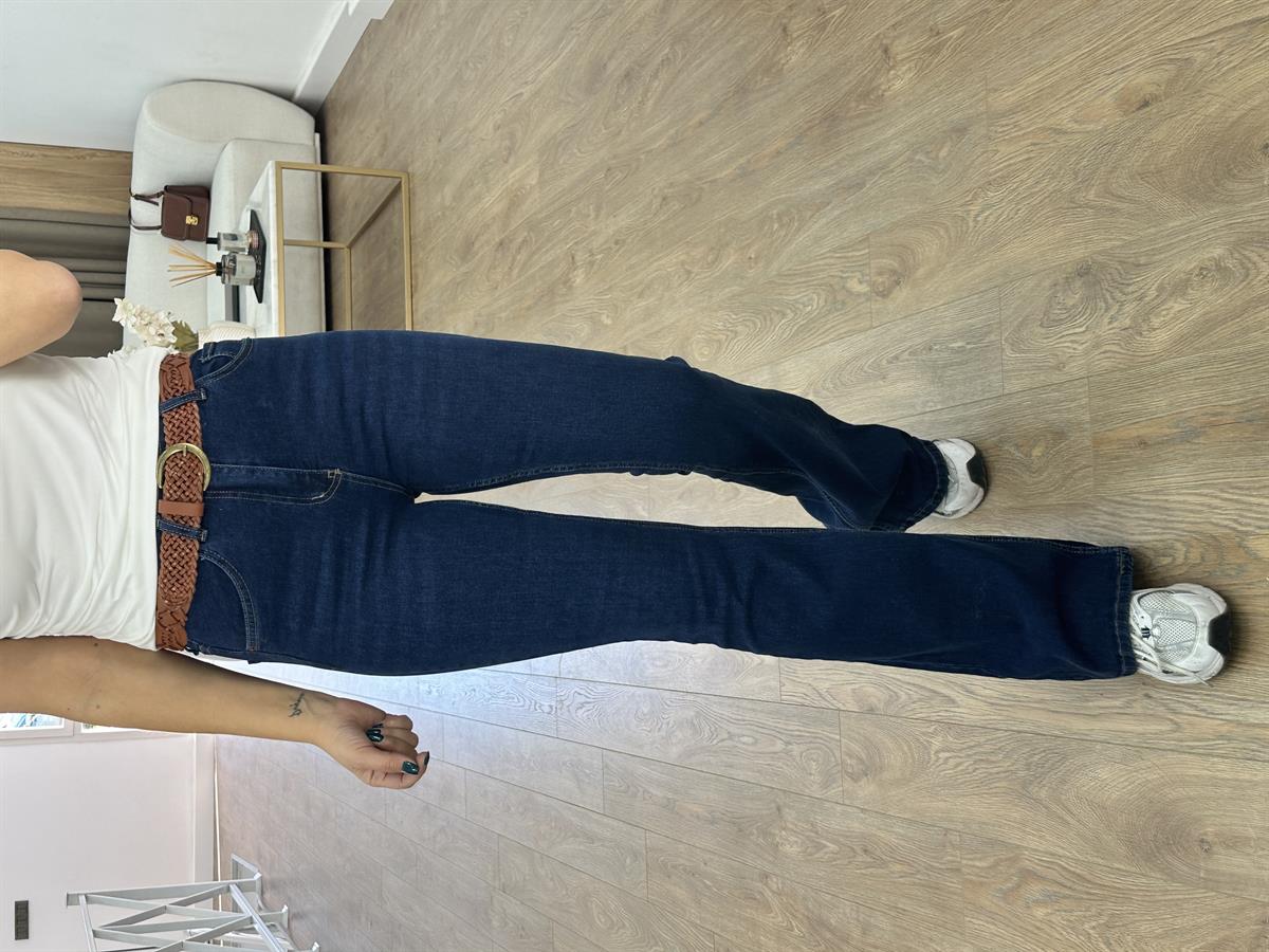 Likralı Yüksek Bel İspanyol Paça Jean-Lacivert