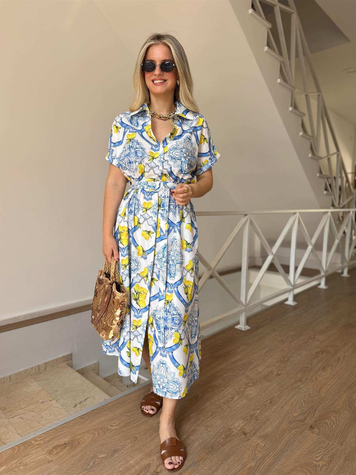 Limon Desenli Gömlek Elbise 