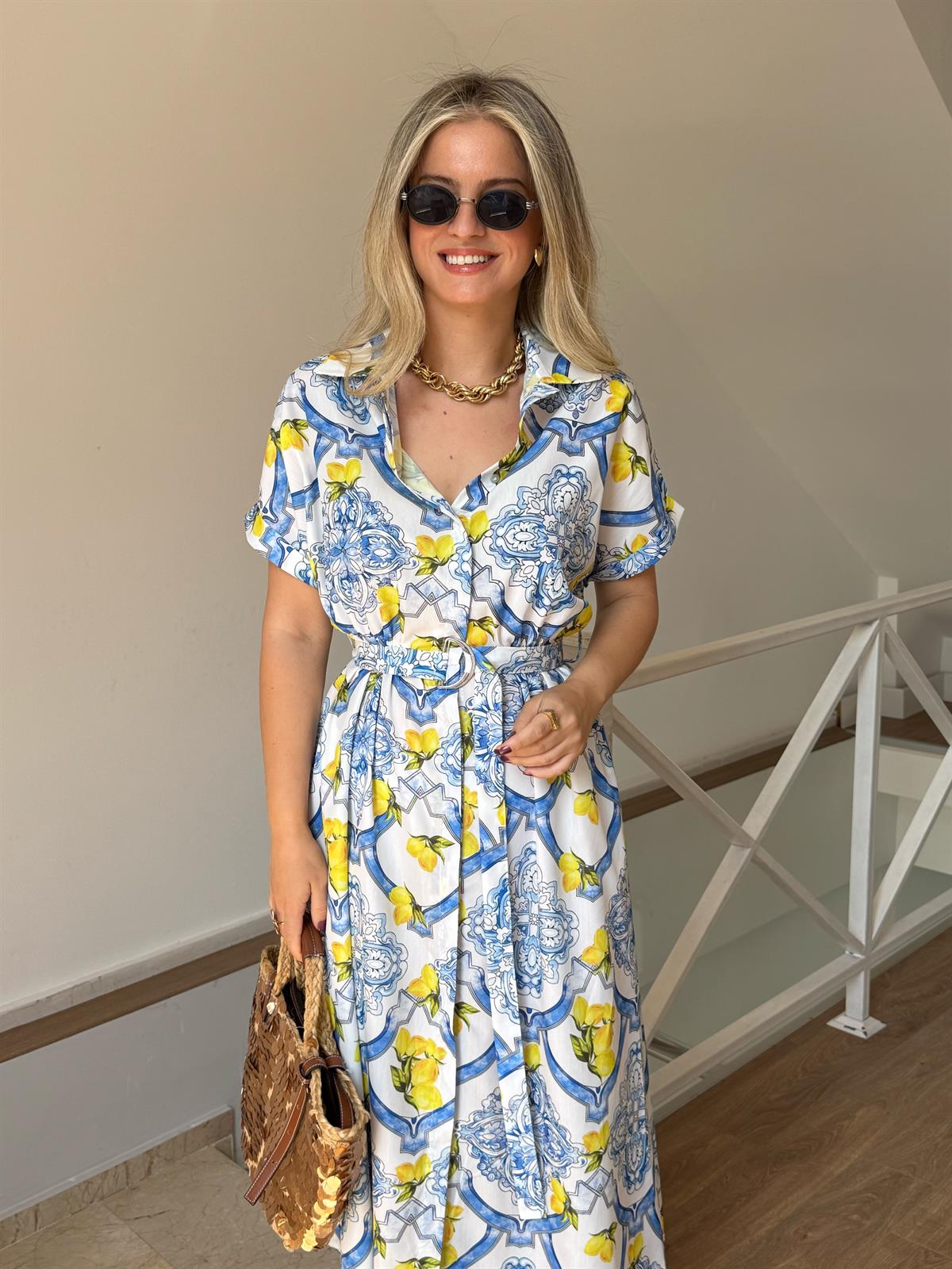 Limon Desenli Gömlek Elbise 