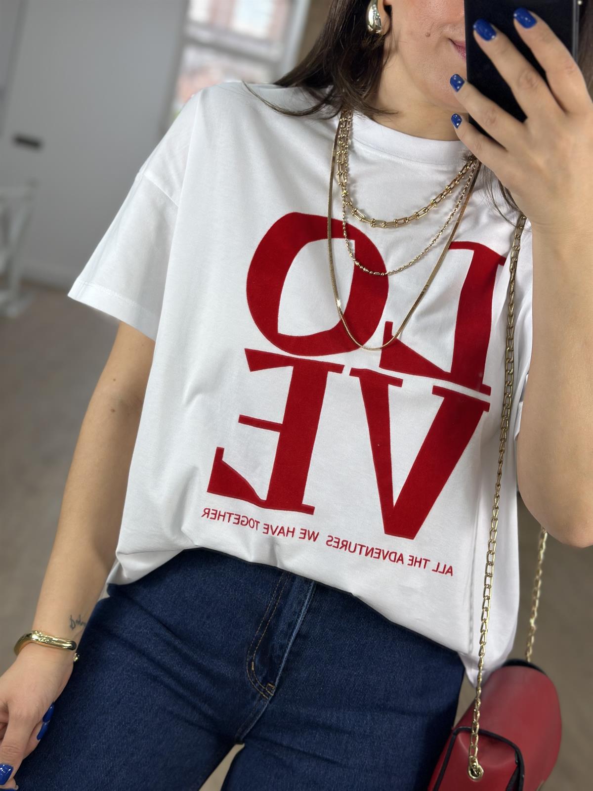 Love Baskılı Oversize Tişört-Beyaz