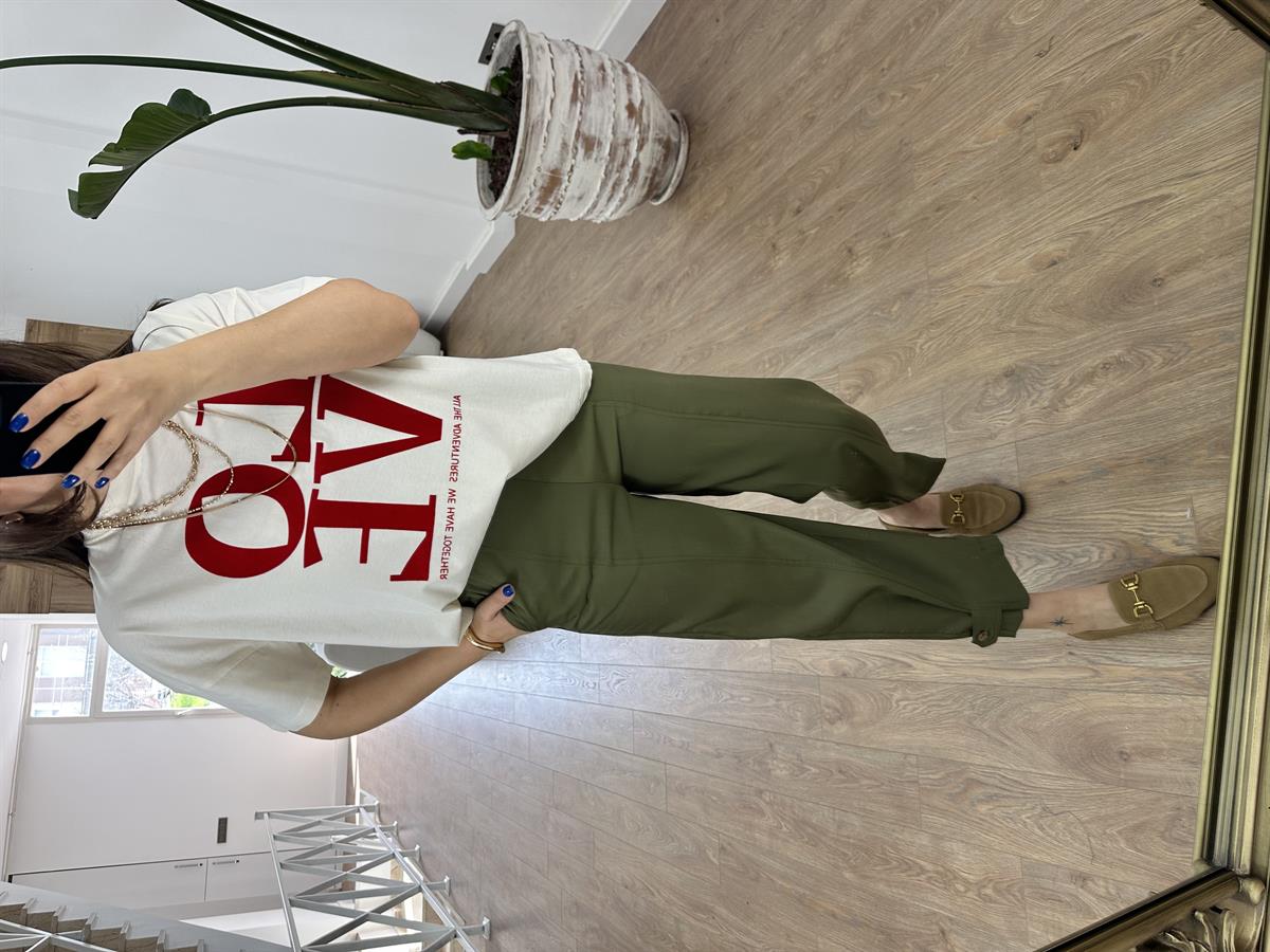 Love Baskılı Oversize Tişört-Ekru