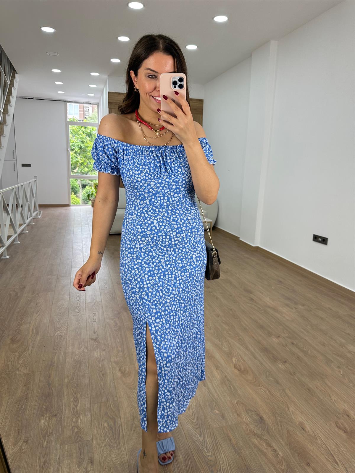 Madonna Yaka Bürümcük Elbise-Mavi