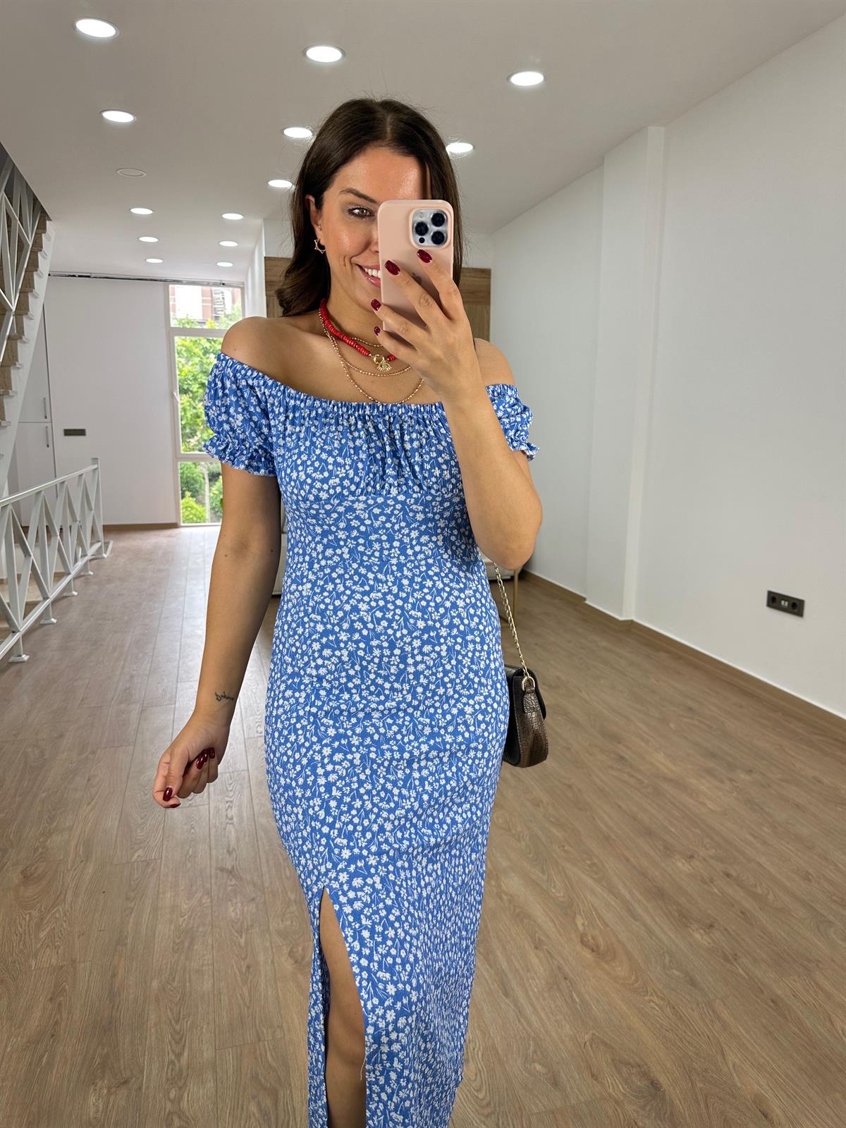 Madonna Yaka Bürümcük Elbise-Mavi