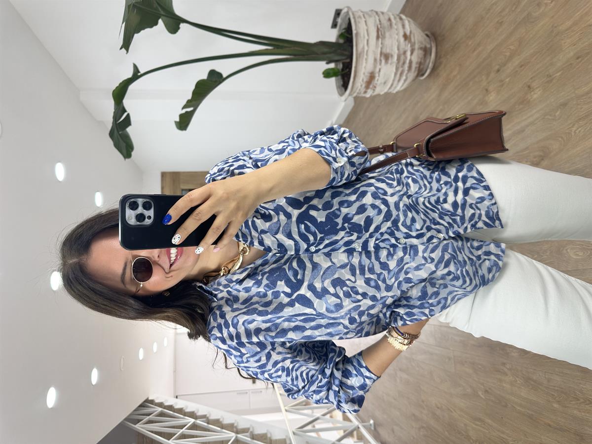 Mango Kumaş Desenli Gömlek-Lacivert