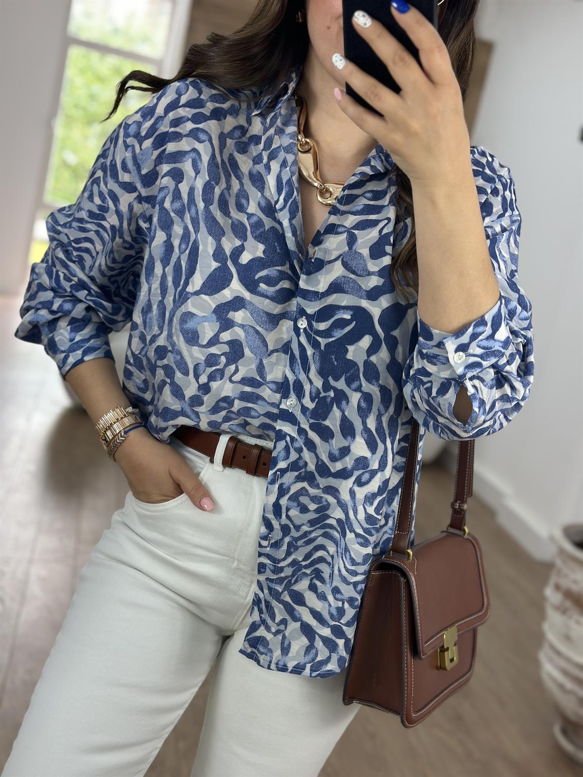 Mango Kumaş Desenli Gömlek-Lacivert