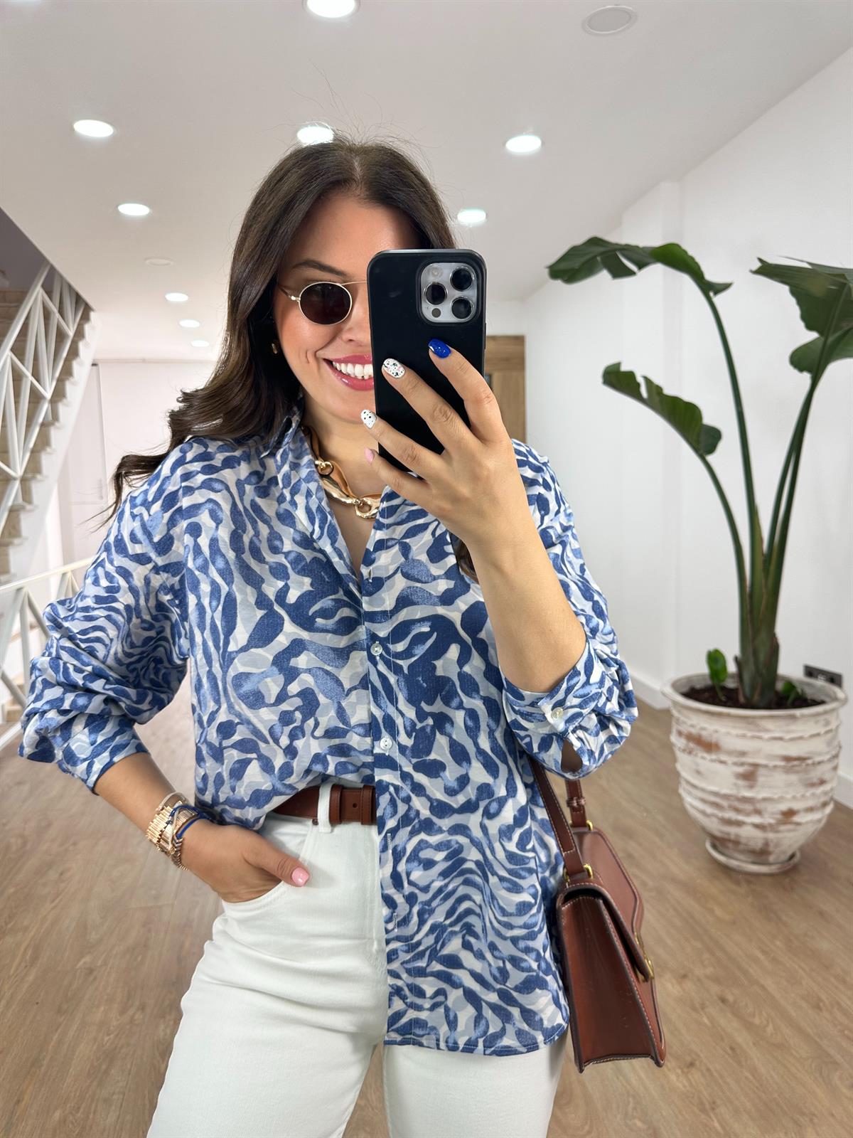 Mango Kumaş Desenli Gömlek-Lacivert