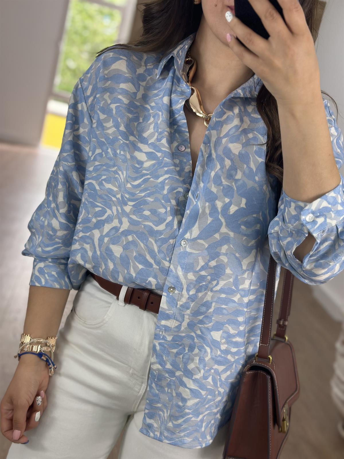 Mango Kumaş Desenli Gömlek-Mavi