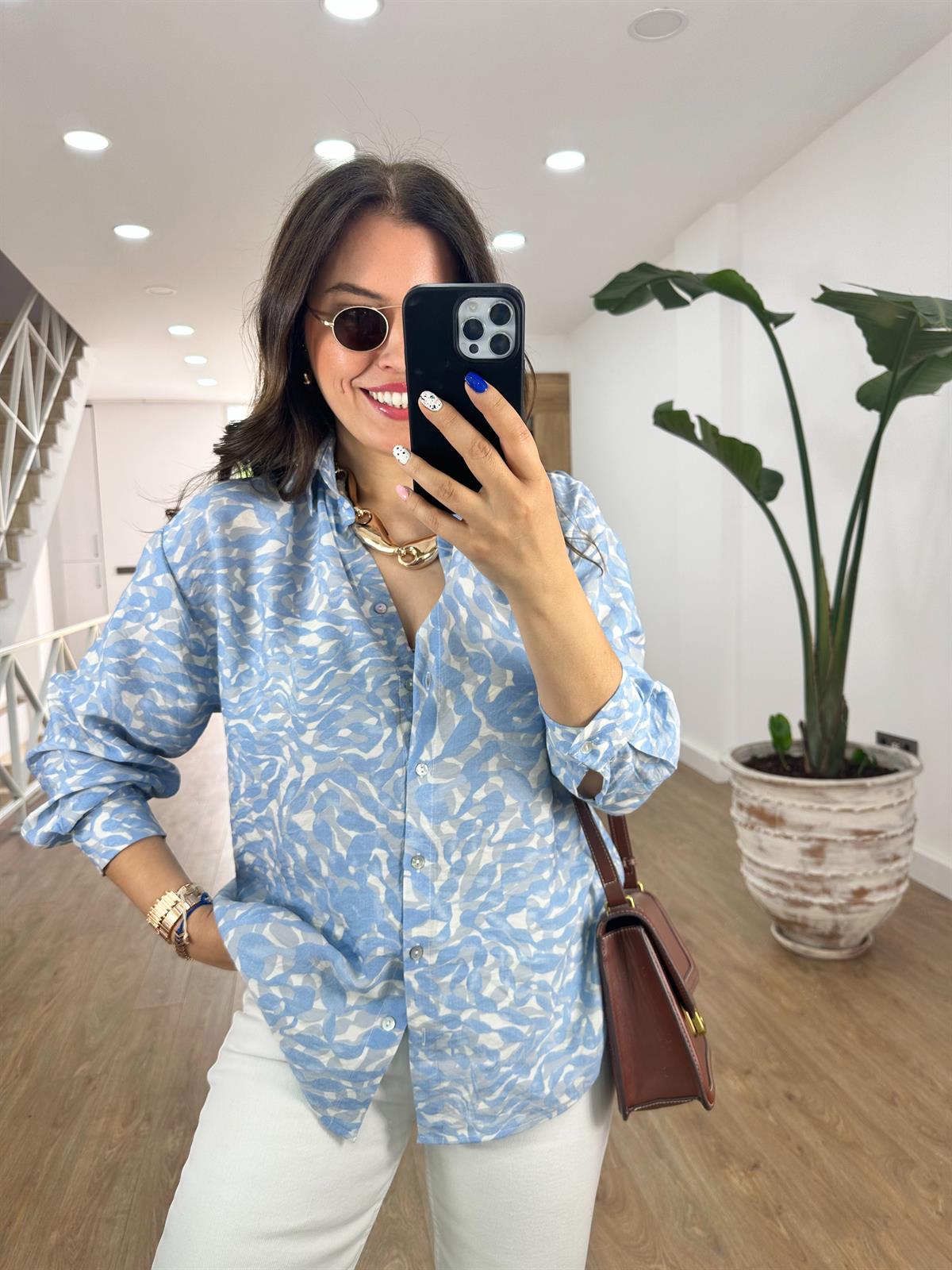 Mango Kumaş Desenli Gömlek-Mavi