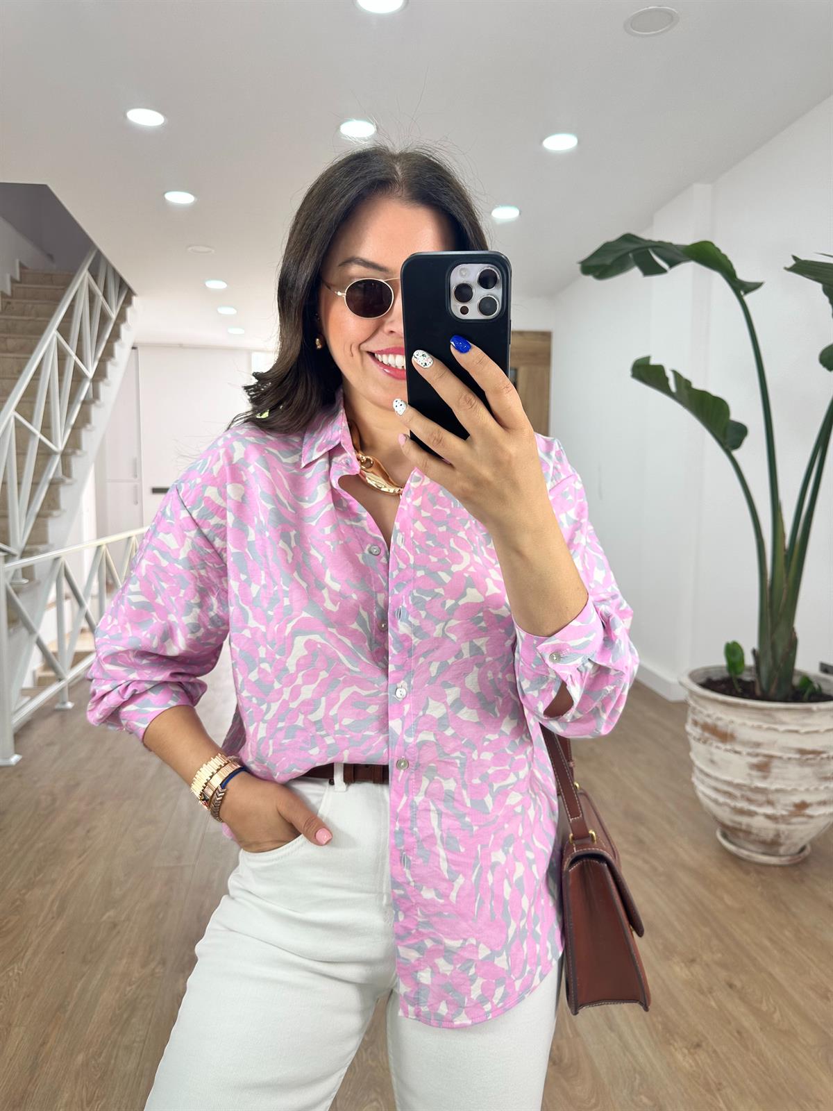 Mango Kumaş Desenli Gömlek-Pembe