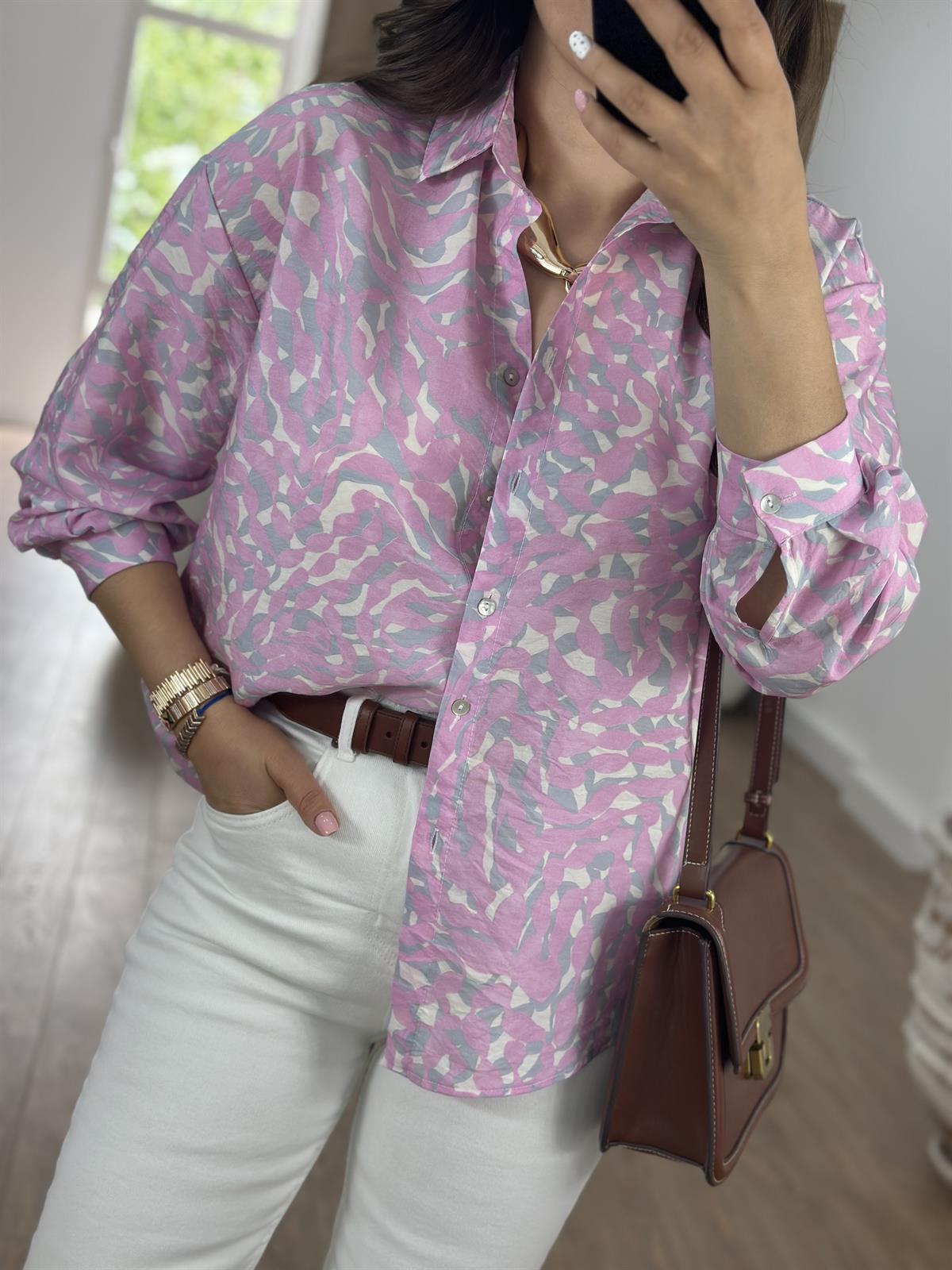 Mango Kumaş Desenli Gömlek-Pembe