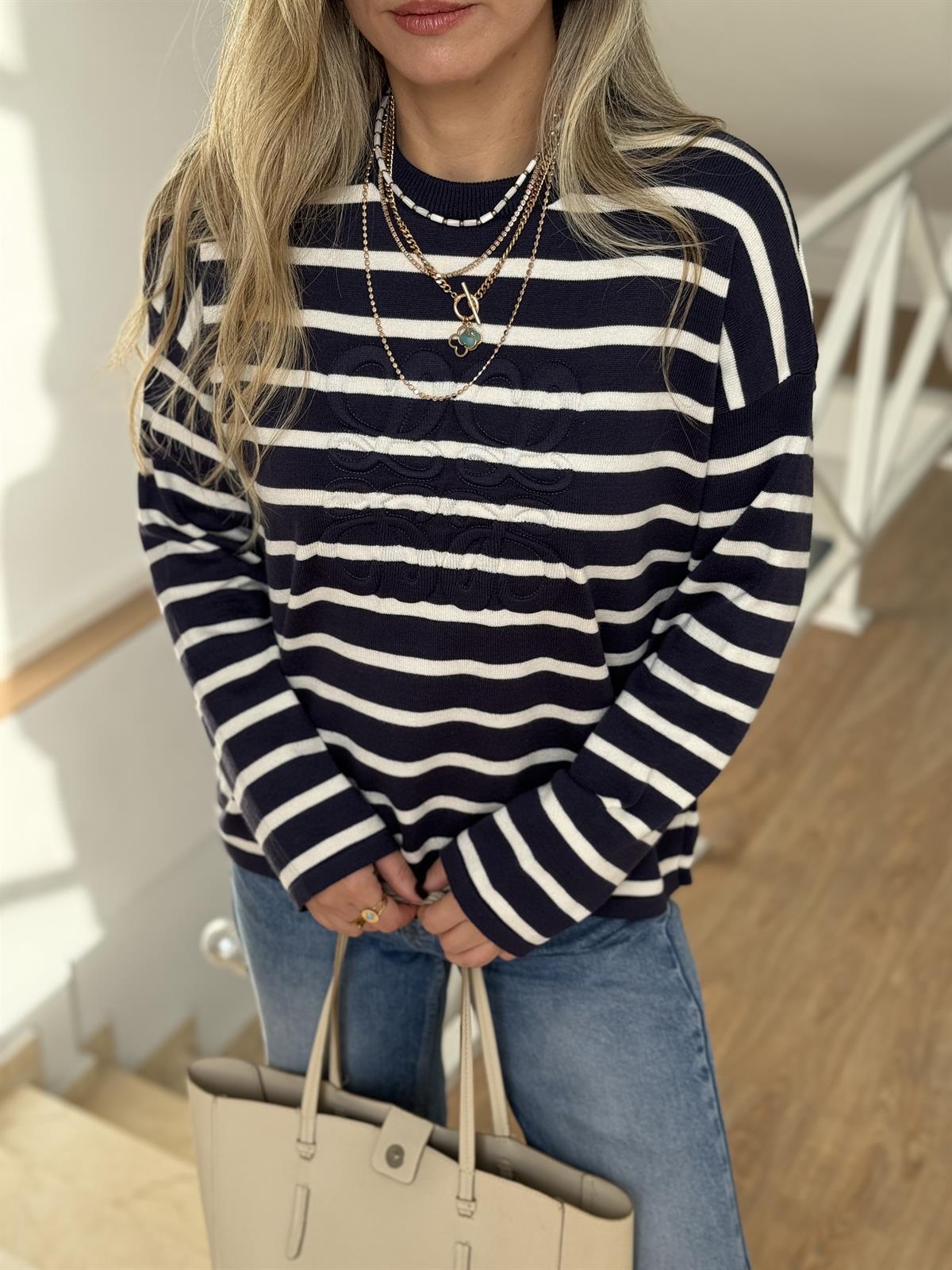 Marka Logolu Çizgili Triko - Lacivert