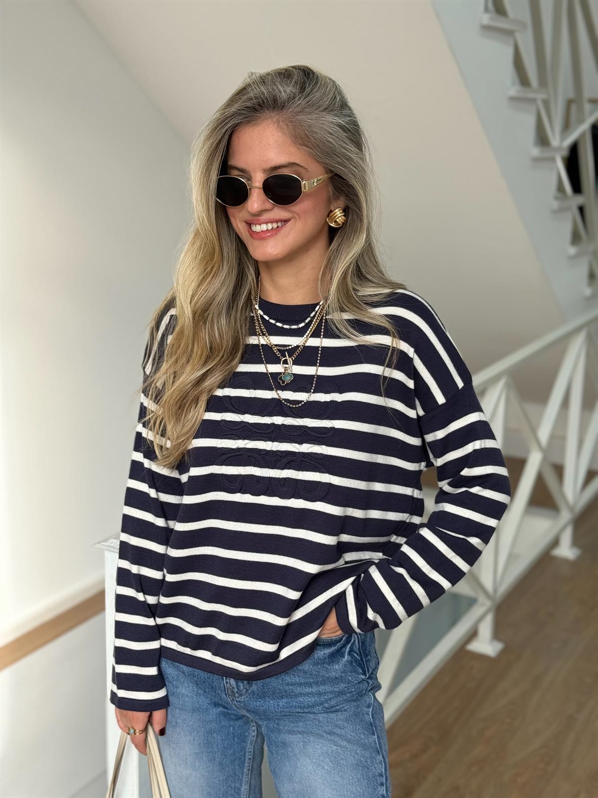 Marka Logolu Çizgili Triko - Lacivert