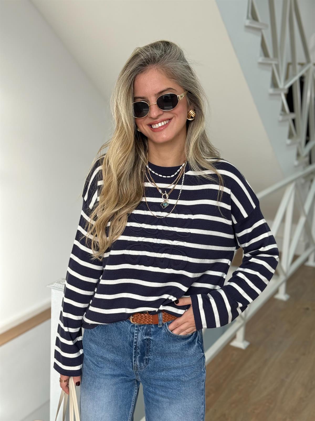 Marka Logolu Çizgili Triko - Lacivert