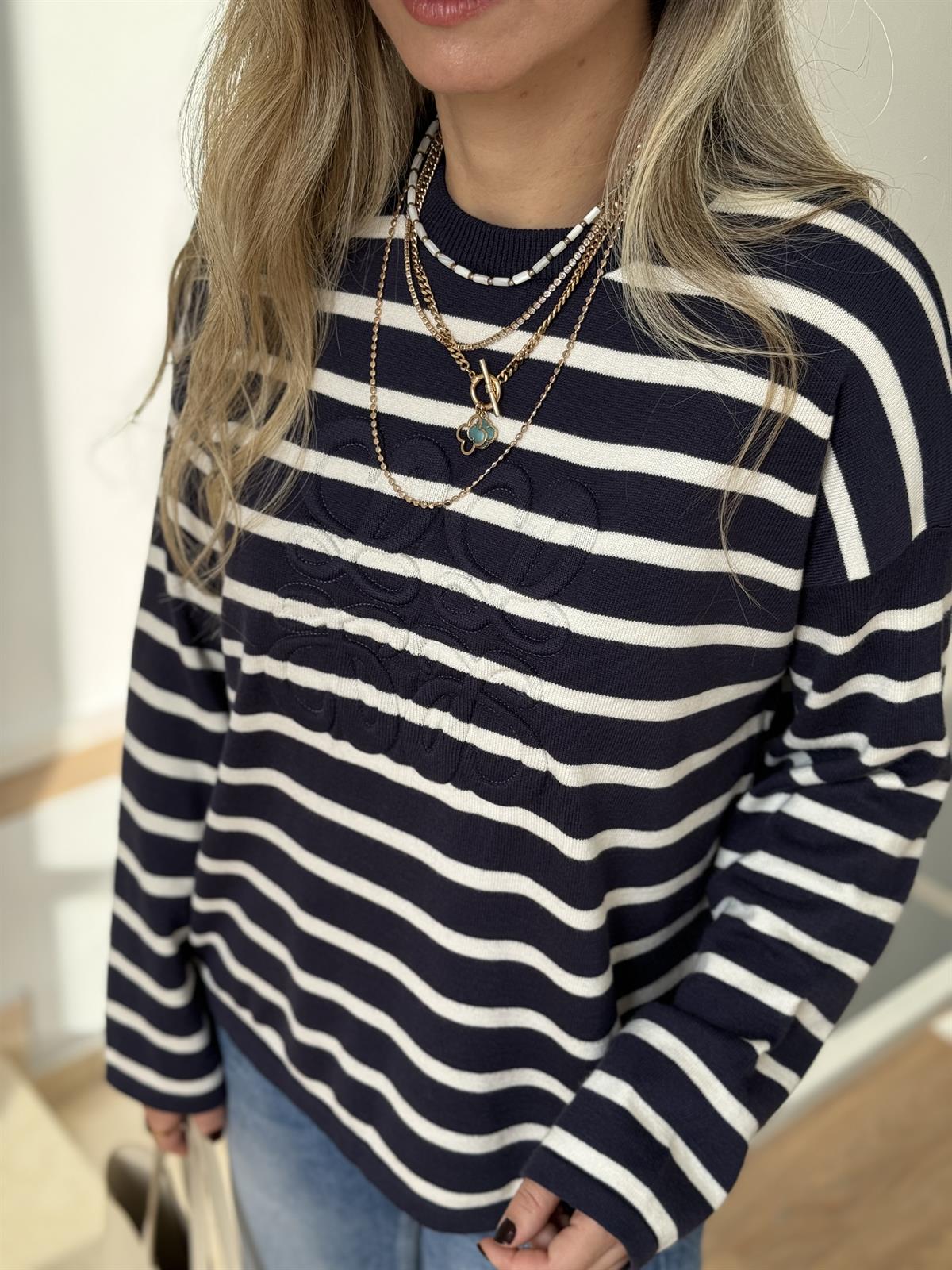 Marka Logolu Çizgili Triko - Lacivert