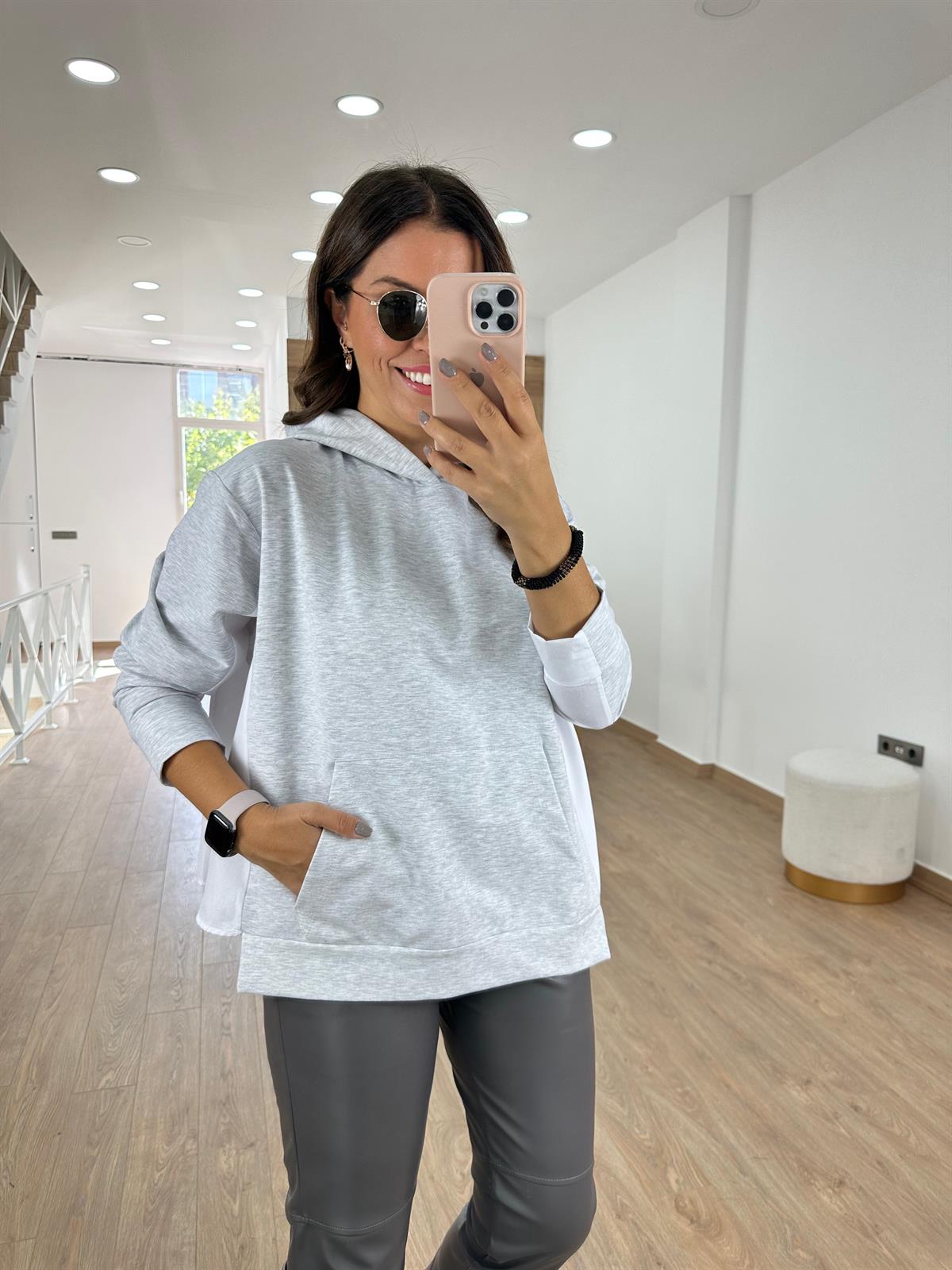Marka Model Arkası Poplin Sweatshirt - Gri