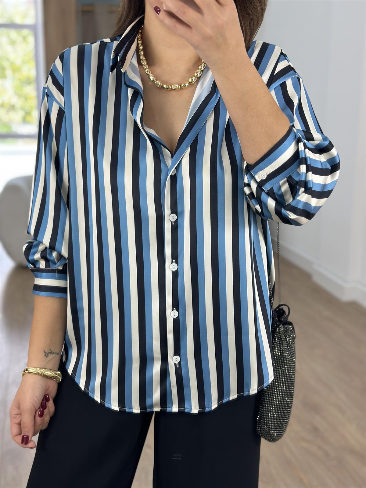 Marka Model Çizgili Saten Gömlek-Mavi