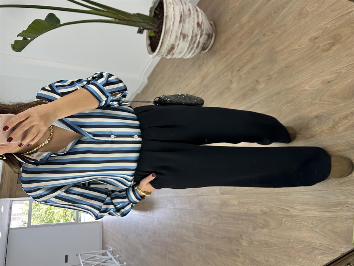 Marka Model Çizgili Saten Gömlek-Mavi