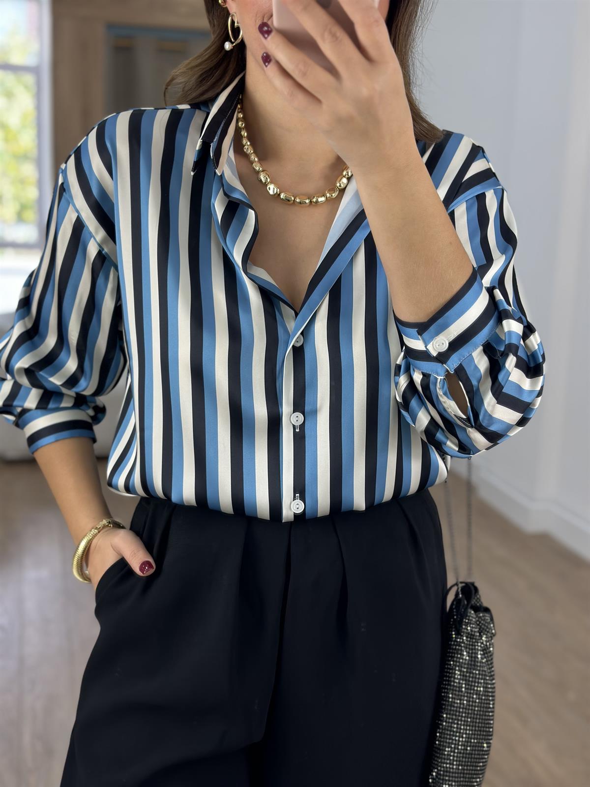 Marka Model Çizgili Saten Gömlek-Mavi