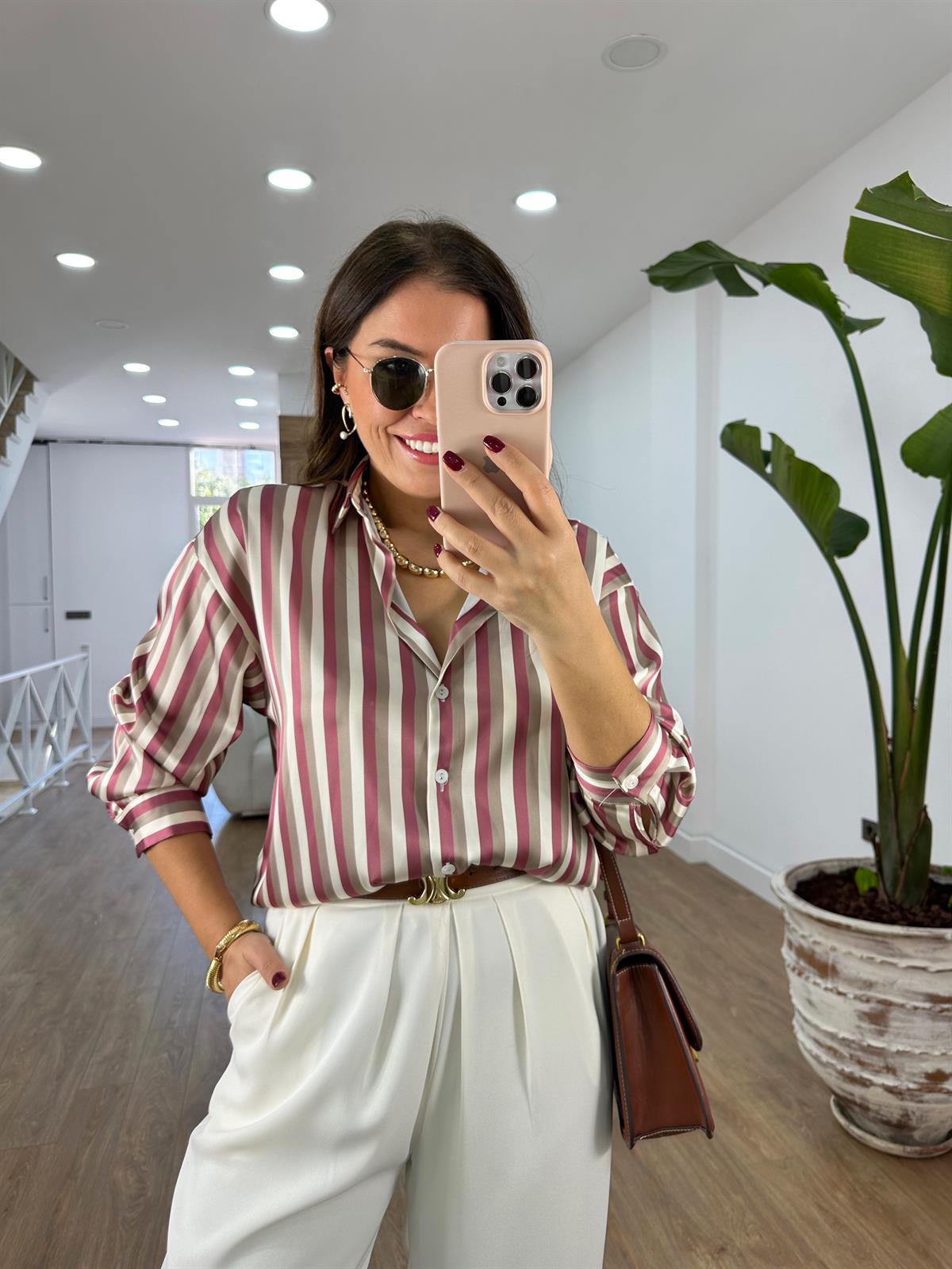 Marka Model Çizgili Saten Gömlek-Pembe