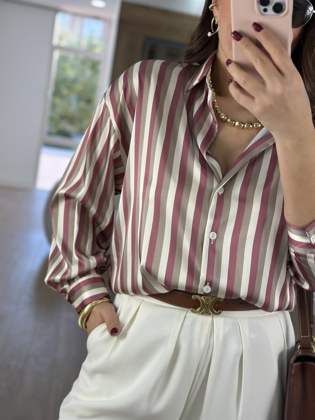 Marka Model Çizgili Saten Gömlek-Pembe
