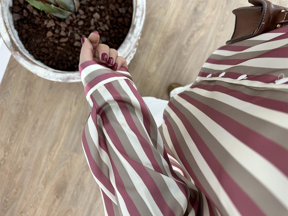 Marka Model Çizgili Saten Gömlek-Pembe