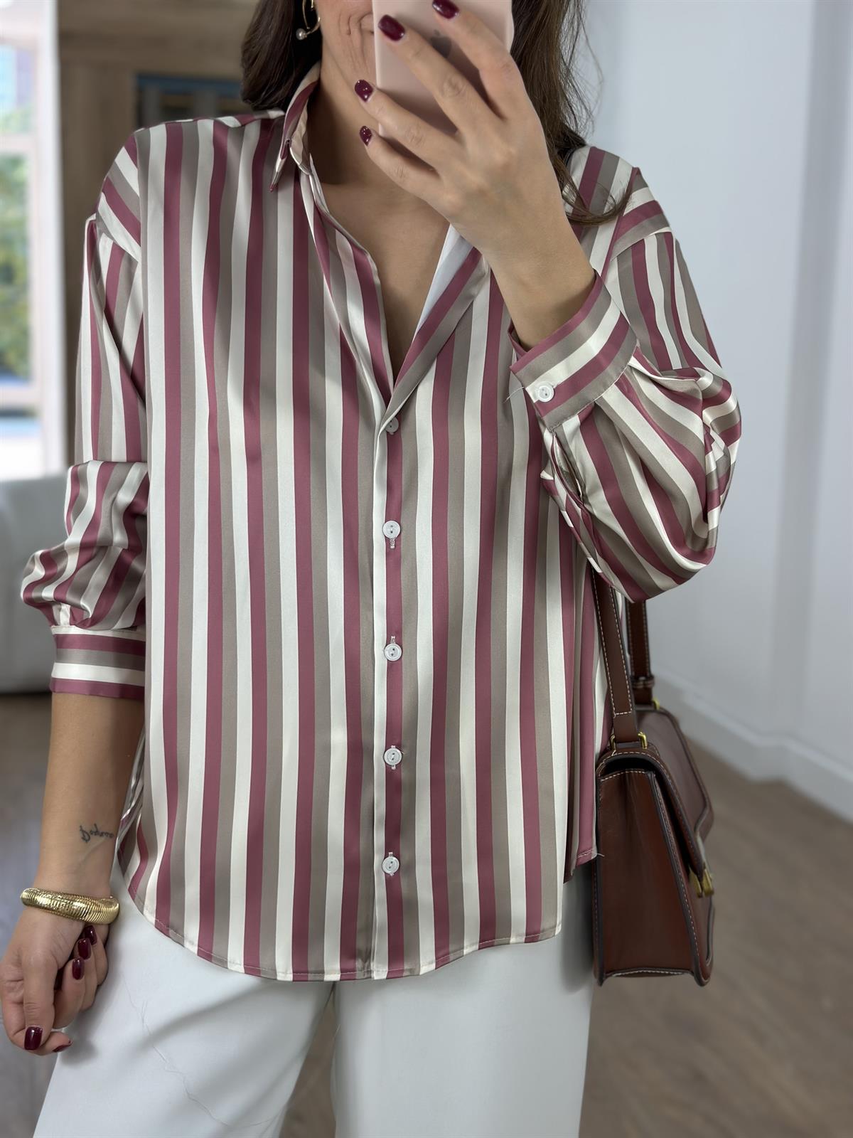 Marka Model Çizgili Saten Gömlek-Pembe