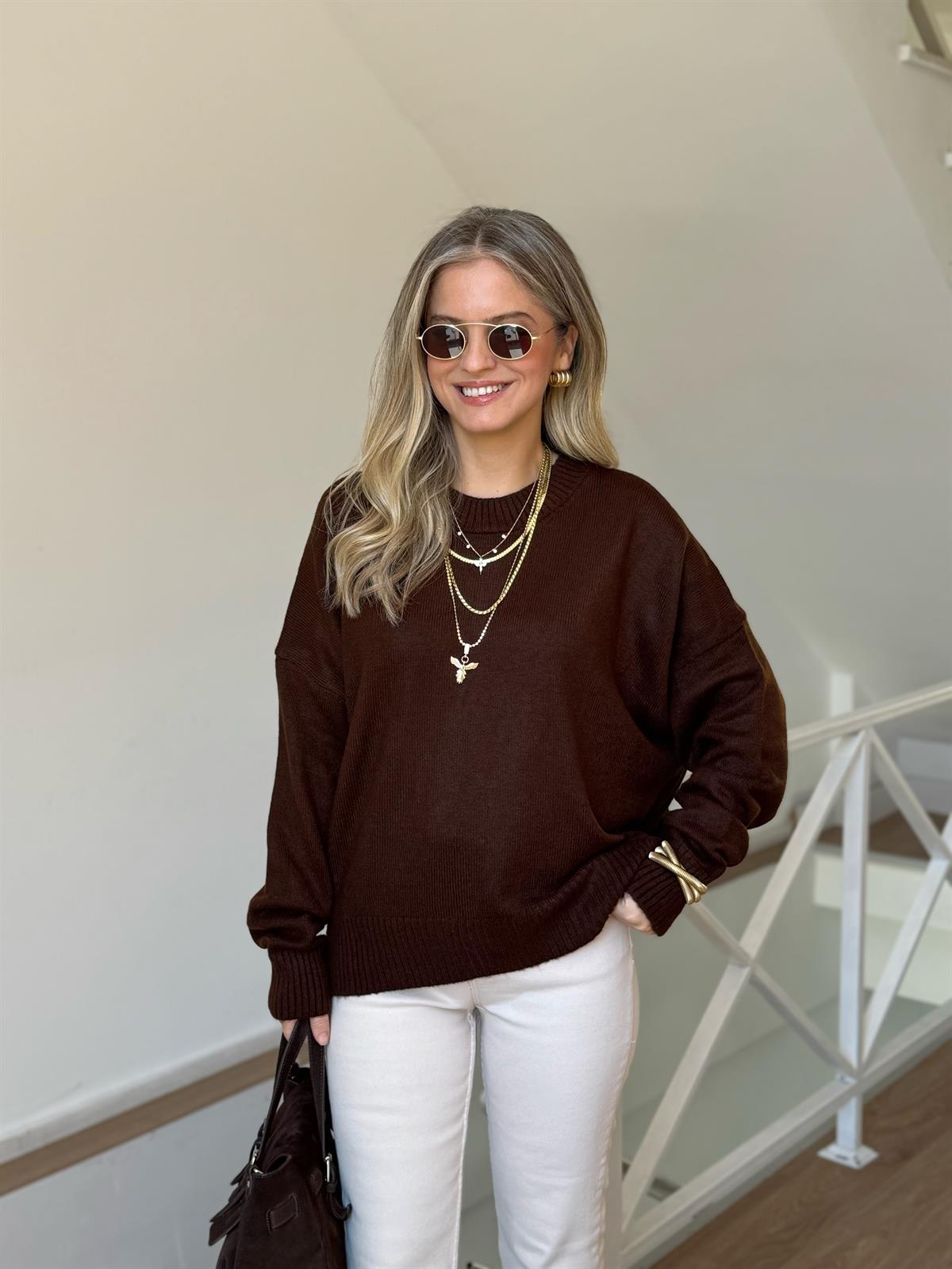 Marka Model Dekoratif Yaka Basic Kazak - Kahverengi