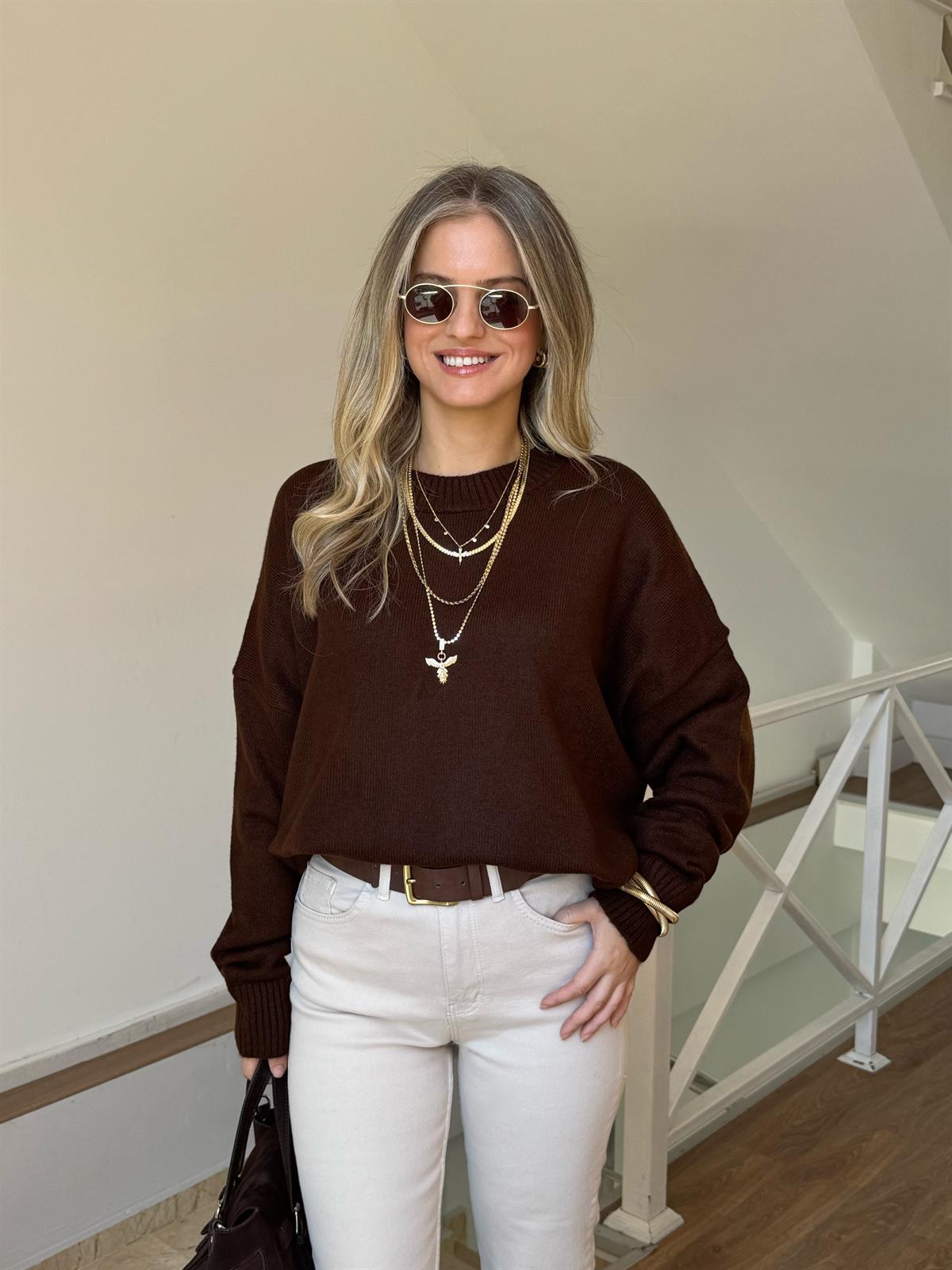 Marka Model Dekoratif Yaka Basic Kazak - Kahverengi