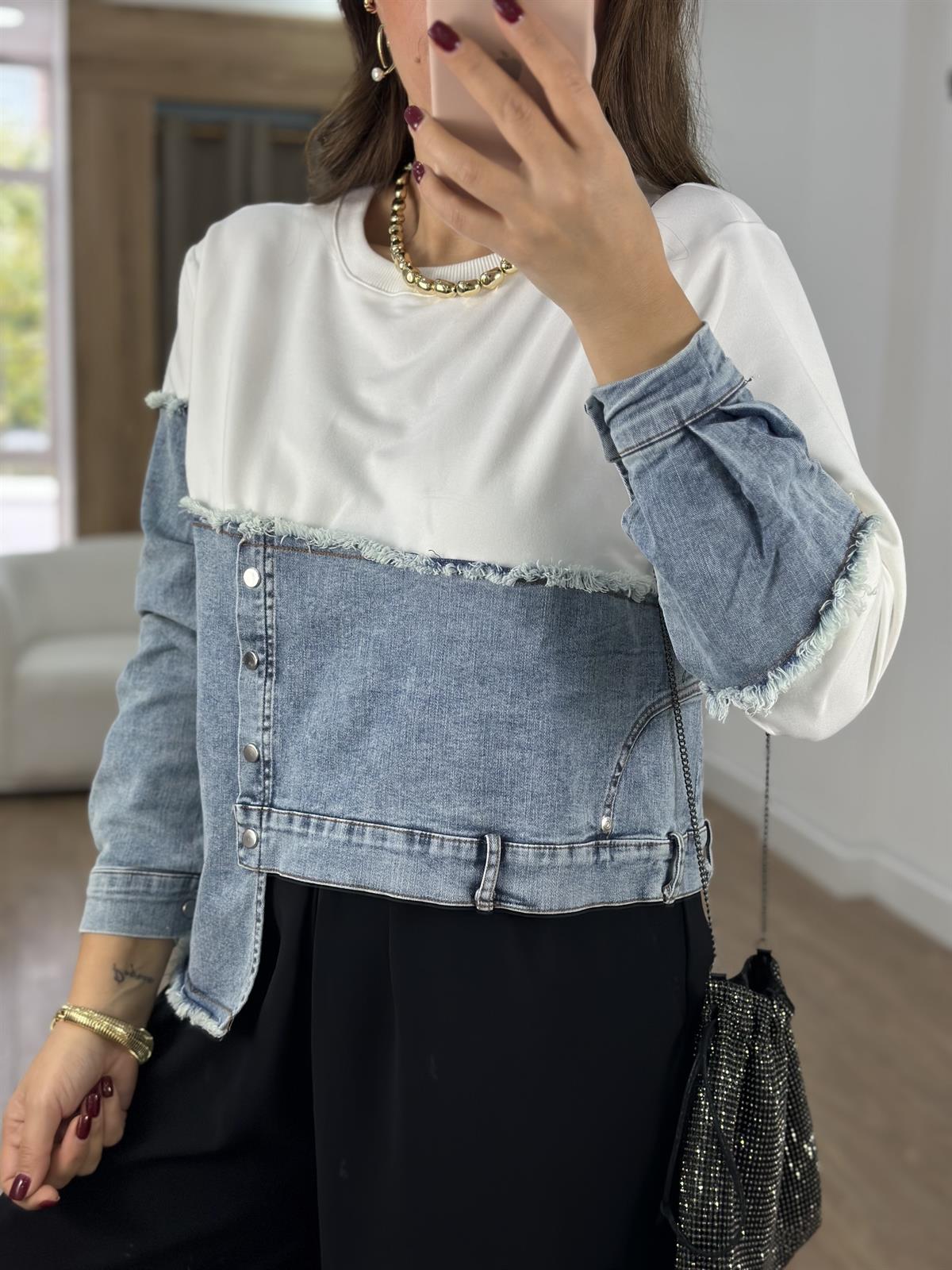 Marka Model Jean Detaylı Sweatshirt-Beyaz