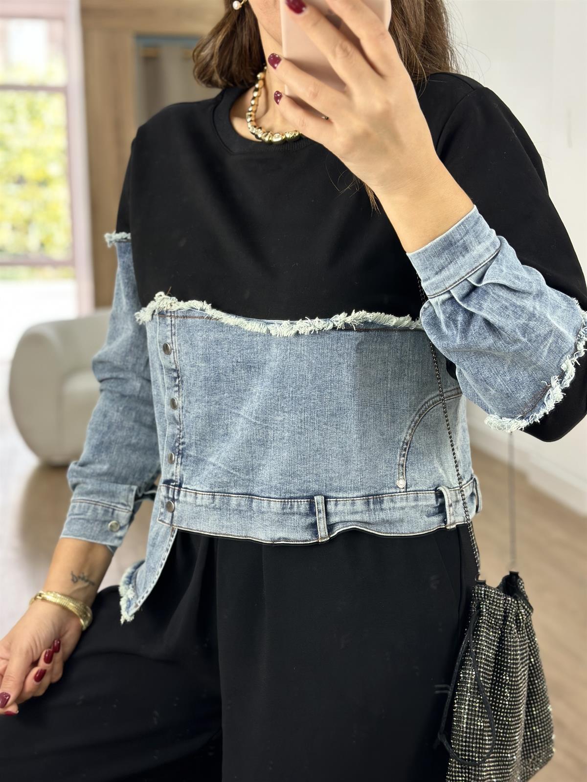 Marka Model Jean Detaylı Sweatshirt-Siyah