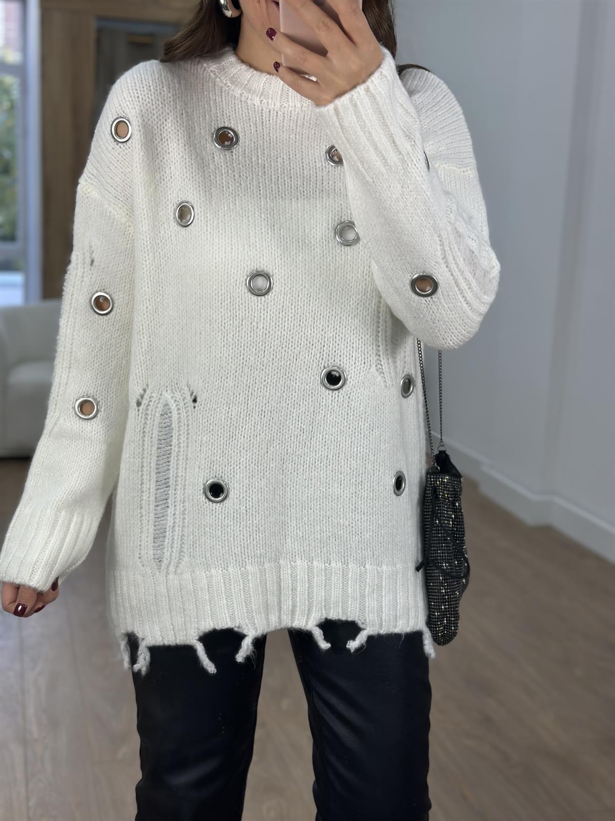 Marka Model Kuş Gözlü Triko Kazak-Ekru