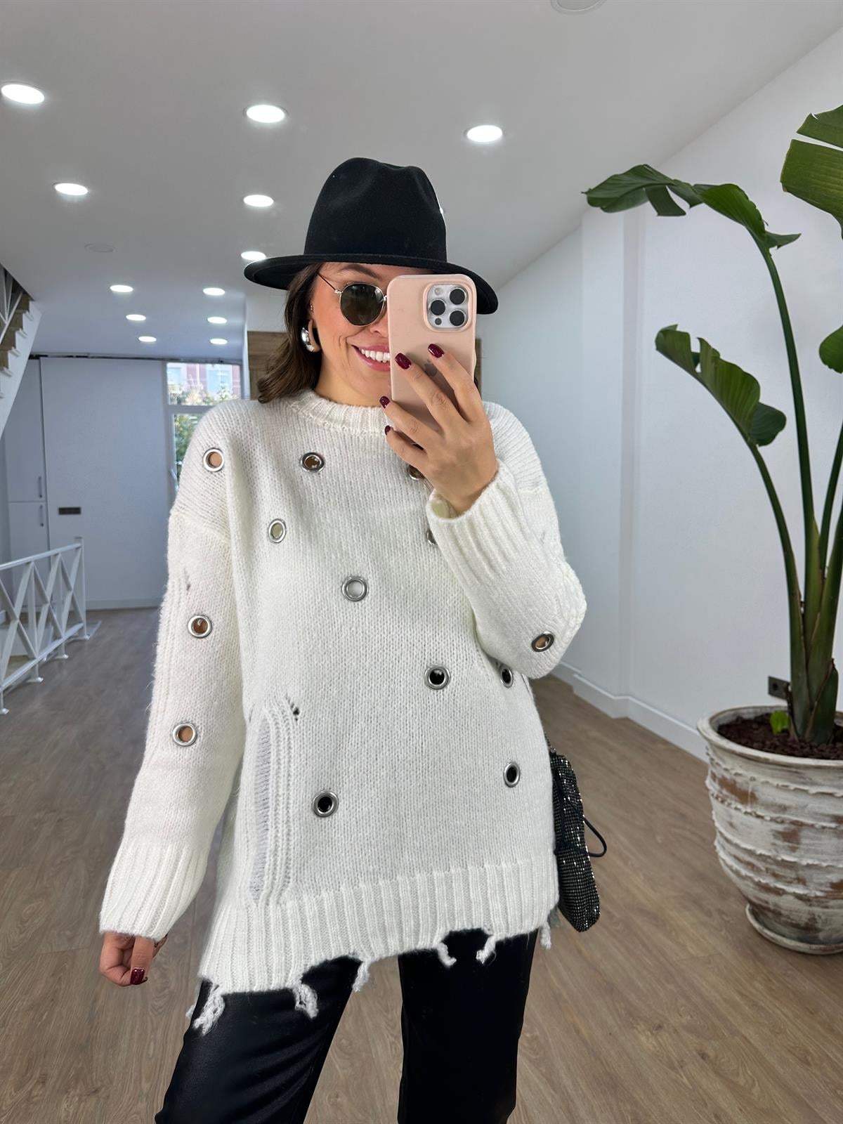 Marka Model Kuş Gözlü Triko Kazak-Ekru