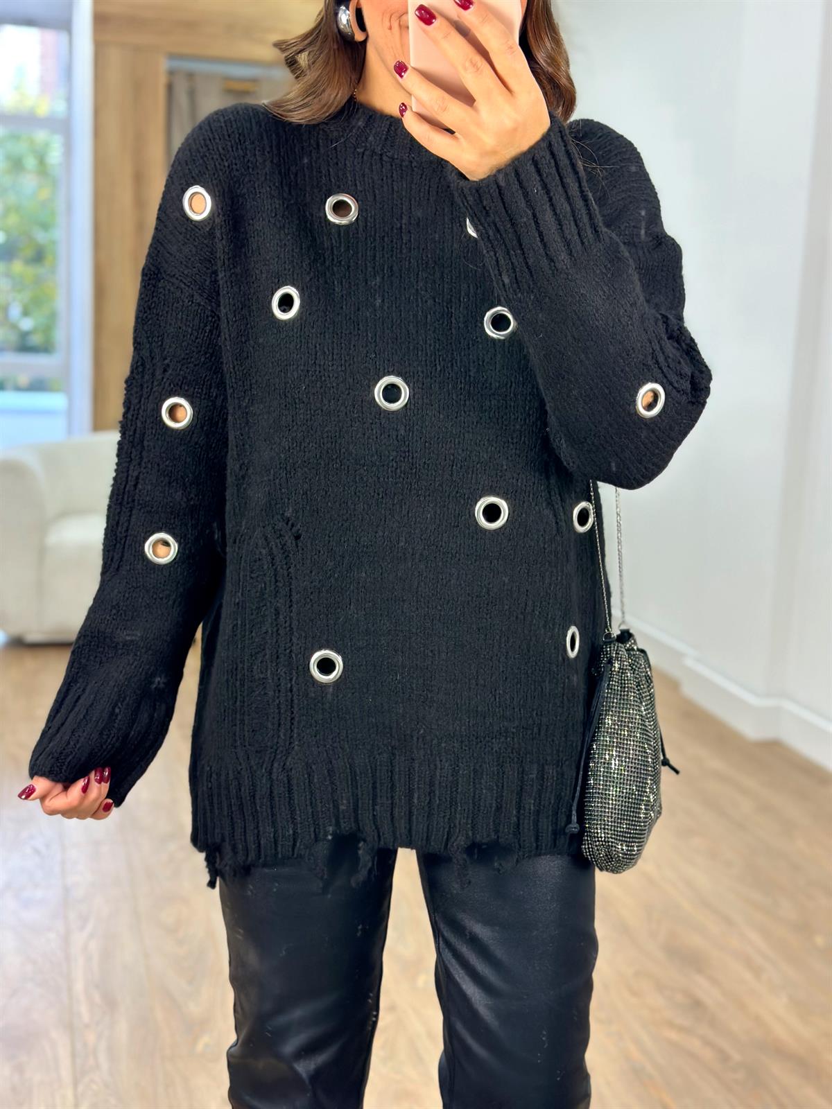 Marka Model Kuş Gözlü Triko Kazak-Siyah