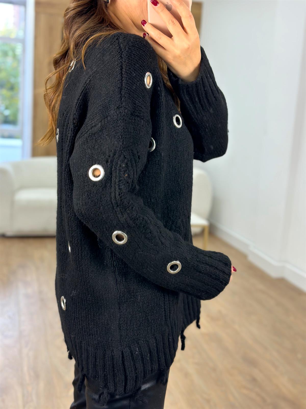 Marka Model Kuş Gözlü Triko Kazak-Siyah