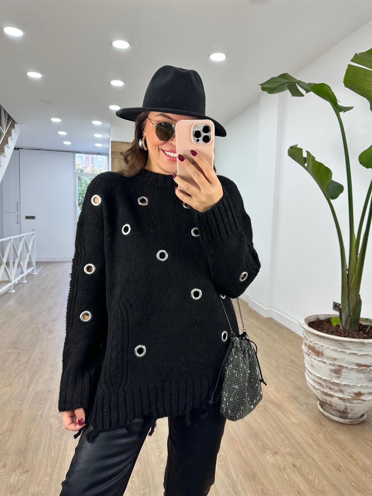 Marka Model Kuş Gözlü Triko Kazak-Siyah