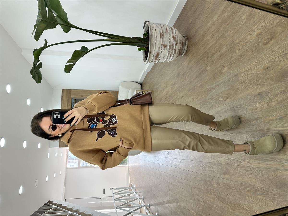 Marka Model Nakış Detaylı Sweatshirt-Kahverengi
