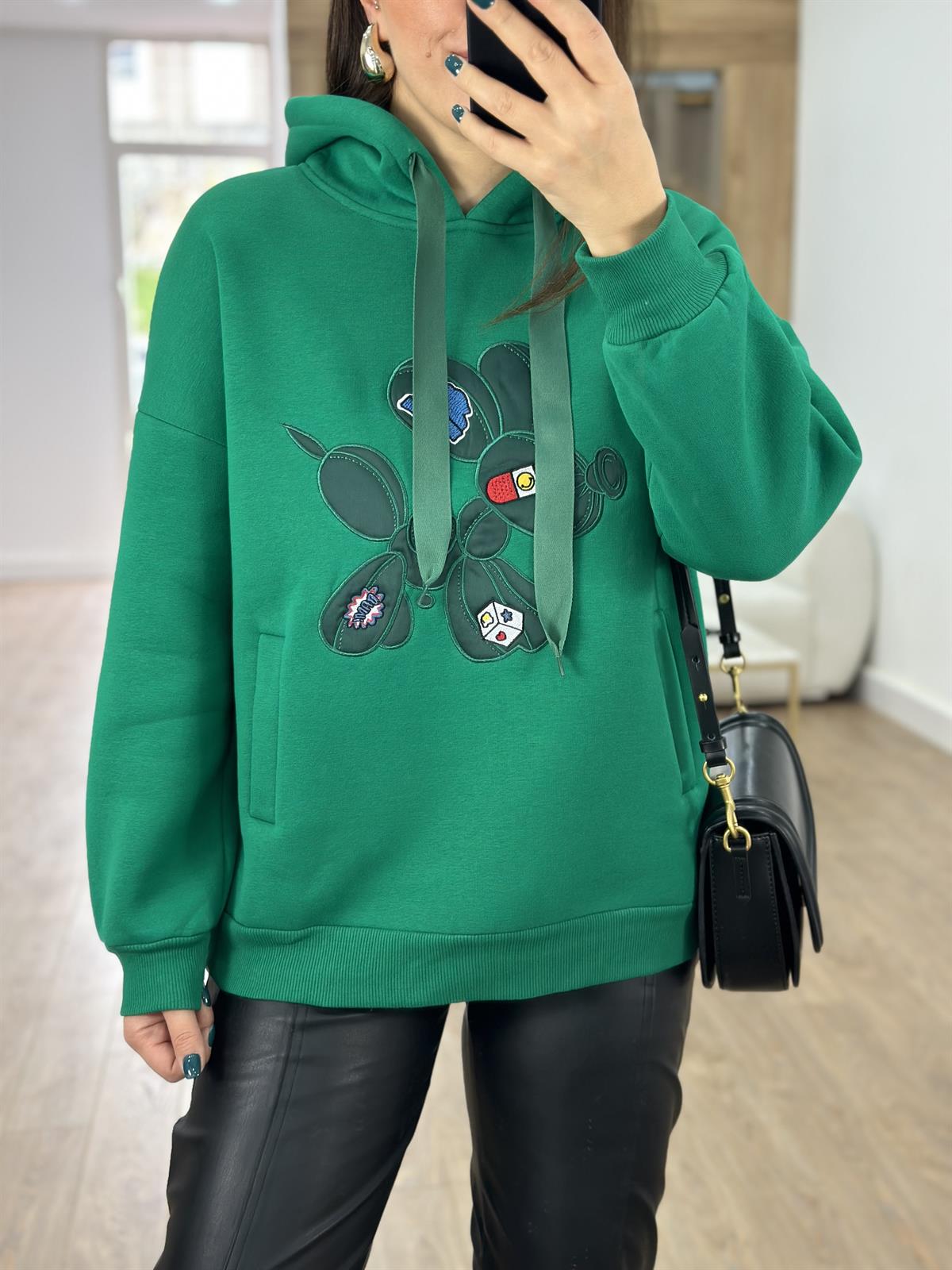 Marka Model Nakış Detaylı Sweatshirt-Yeşil