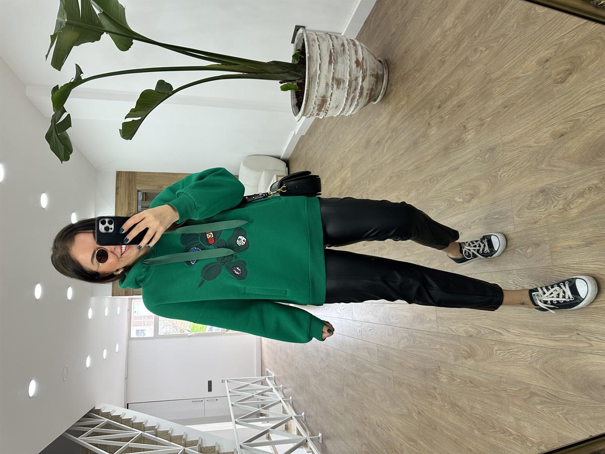 Marka Model Nakış Detaylı Sweatshirt-Yeşil