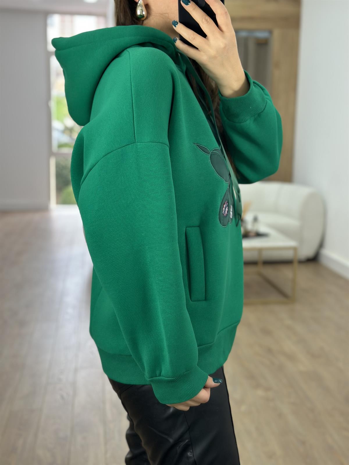 Marka Model Nakış Detaylı Sweatshirt-Yeşil