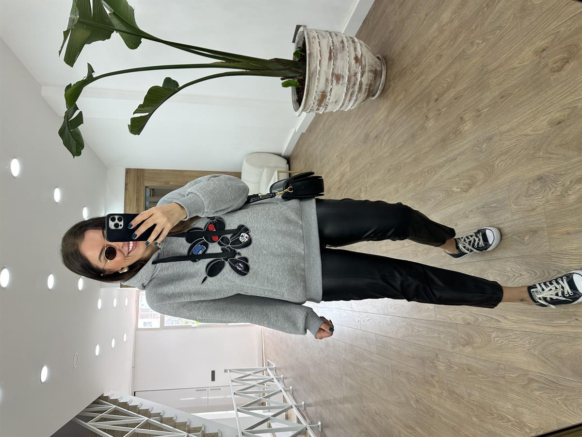 Marka Model Nakış Detaylı Swetshirt-Gri